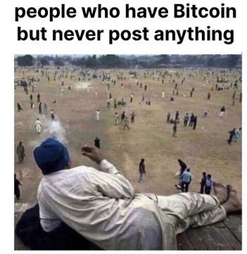 text says "people who have bitcoin but never post anything" image of a man lying along a ridge casually smoking looking down on a valley of people
